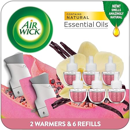 Air Wick Plug In Scented Oil Starter Kit, 2 Warmers + 6 Refills, Vanilla & Pink Papaya, Essential Oils, Air Freshener