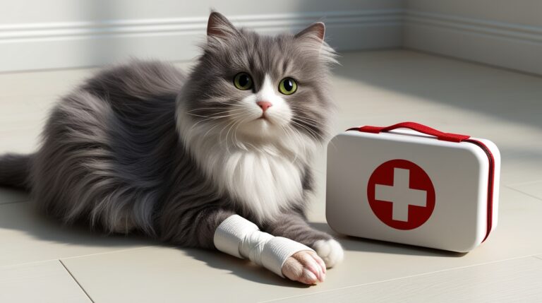 cat resting besides a cat first aid kit